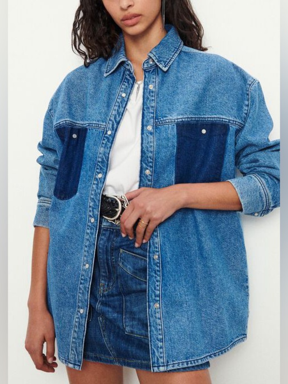 ba&sh Light Blue Denim Shirt Jacket with Black Accent